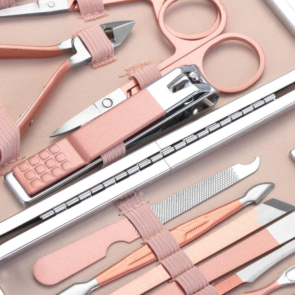 DOCOSS-18 IN 1 Stainless Steel Professional Manicure Set Nail Cutter For Women Nail Scissors Grooming Kit Manicure Pedicure Kit For Women Nail Acne Remover needle, Blackhead Tool With Leather Case