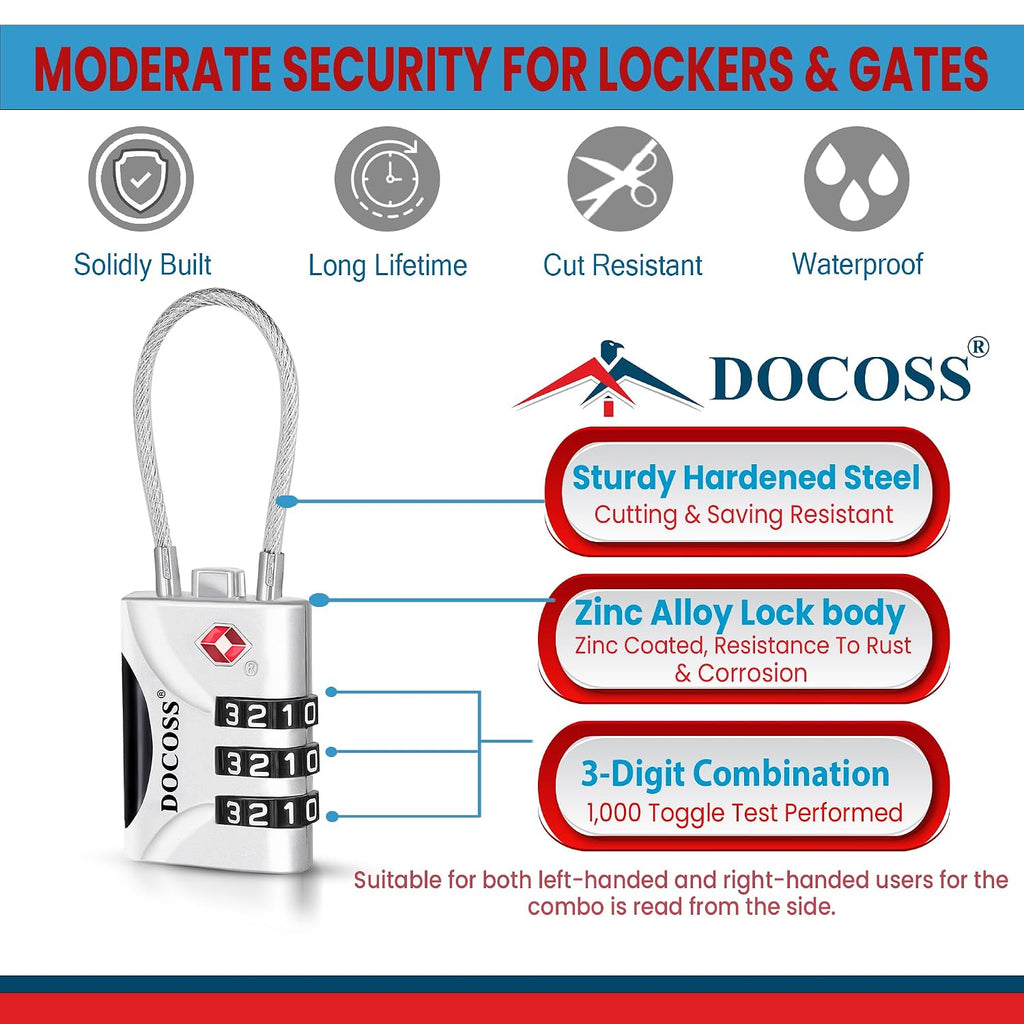 DOCOSS-Set of 2- Metal Cable TSA Locks for Luggage, Number Lock for Bag 4 Digit Small Locks for Luggage TSA Lock Combination Password Locks for Travel