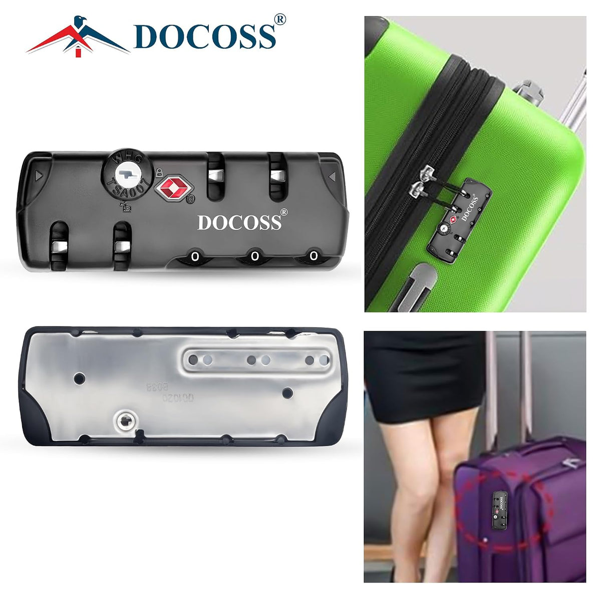 DOCOSS -TSA Locks for Luggage,Suitcase Trolley Bag Lock,4 Chain Zippers Locks,Number Lock for Bag,Combination Lock for Travel (Black)