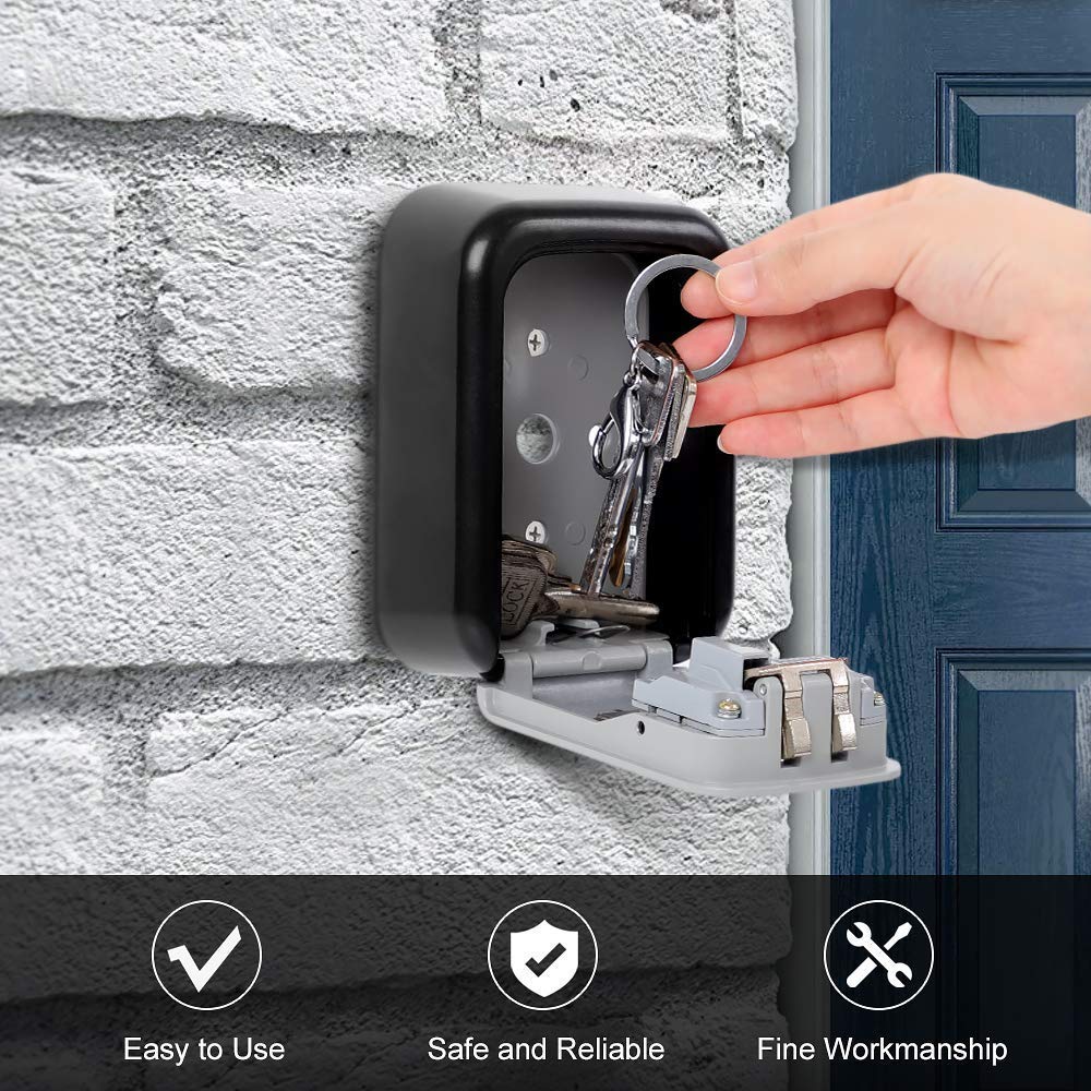 DOCOSS - Metal Key Safe Combination Storage Box Outdoor Wall Mounted with Code Password Security Lock for House Outdoor(Black,Grey)