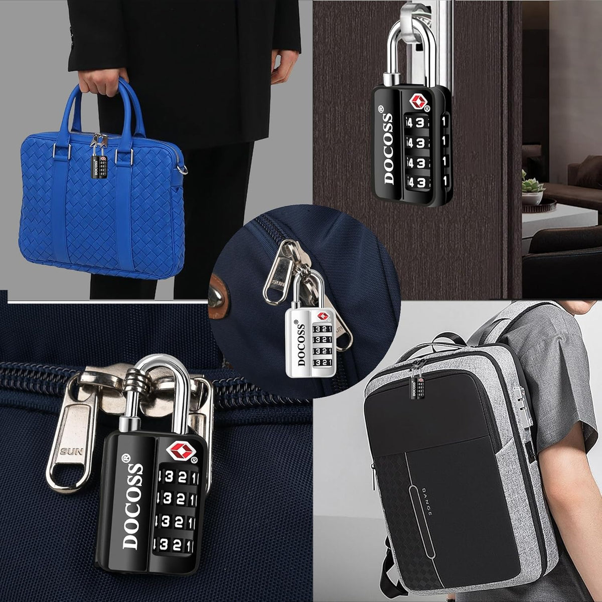 DOCOSS-Set of 2-116 Metal TSA Locks for Luggage, Number Lock for Bag 4 Digit Small Locks for Luggage TSA Lock Combination Password Locks for Travel (Black,Silver)
