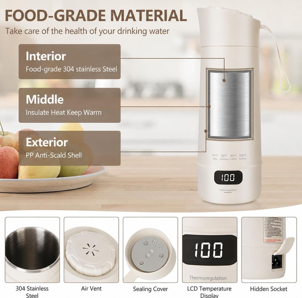 DOCOSS Portable Electric Kettle 400ml | Small Electric Water Bottle with Variable Temperature Control,Digital Display,Stainless Steel| Multipurpose Hot Water Travel Kettle/Baby Milk Warmer