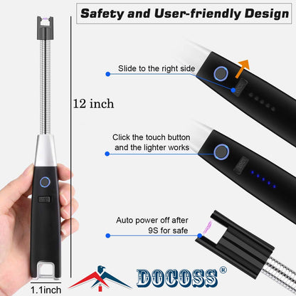DOCOSS - Rechargeable Electric Lighter Kitchen Gas Lighter 280 mAh High battery Capacity Chargeable USB Arc Long Lighter for Candle Flexible Lighter Neck for Gas,diyas,agarbatti,Candles(Black)