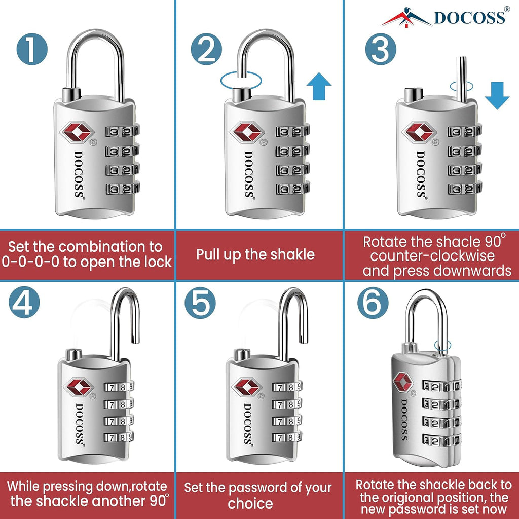 DOCOSS-Set of 2-309-Metal TSA Lock 4 Digit for Luggage Bag Number Password Travel Locks