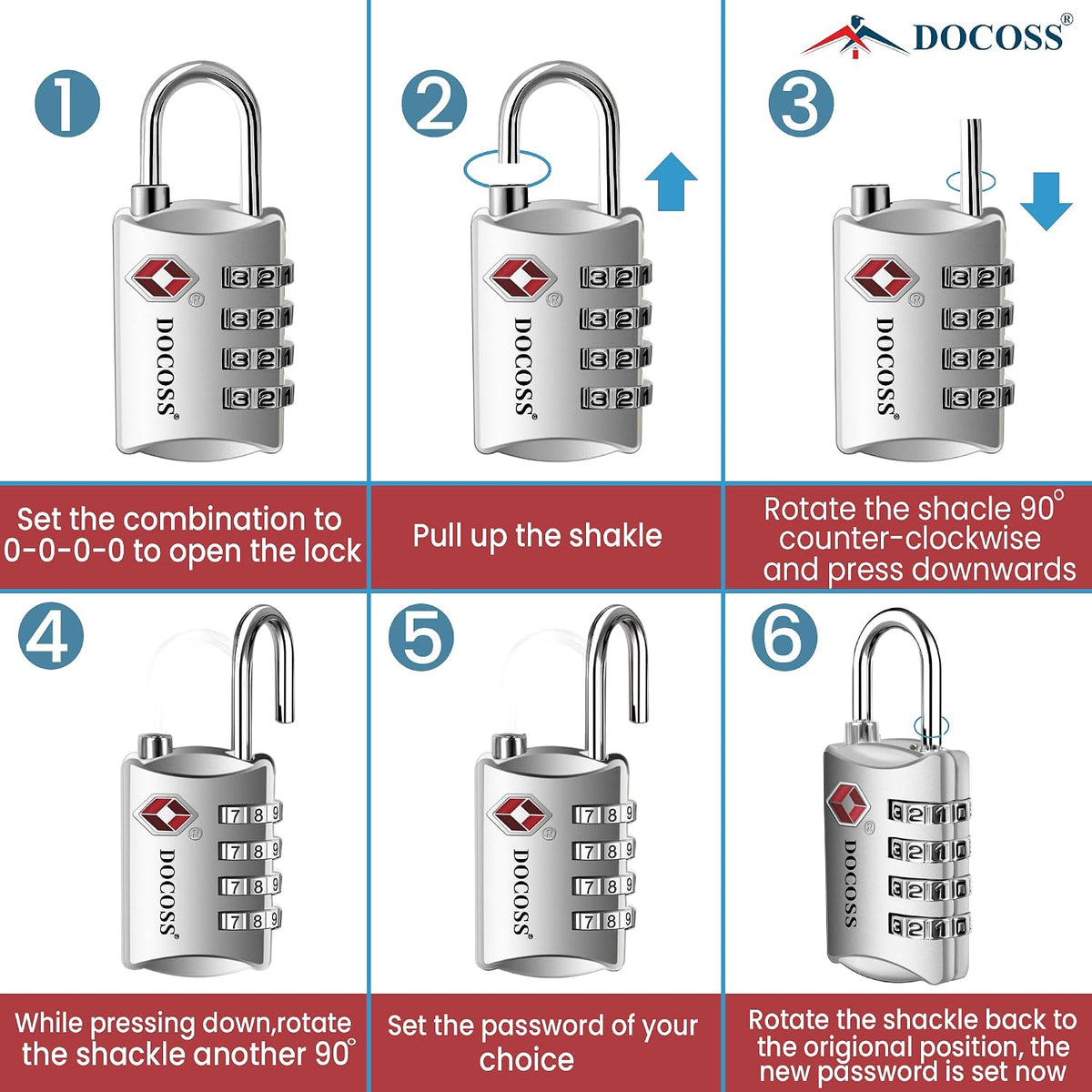 DOCOSS-Set of 2-309-Metal TSA Lock 4 Digit for Luggage Bag Number Password Travel Locks