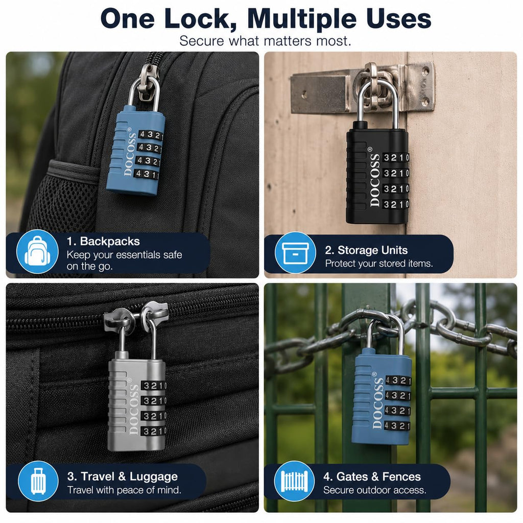 DOCOSS Metal 4 Digit Combination Number Lock for Luggage Bag,Water-Resistant & Hardened Shackle,Pack of 3 (Black,Silver, Blue)
