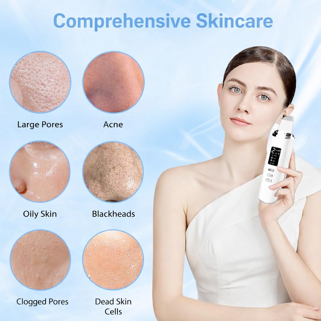 Docoss Facial Skin Scrubber & Ultrasonic Pore Cleaning Machine with 4 Modes, Blackhead Remover with Red Light & Blue Light, Face Cleansing Rechargeable Machine(White)
