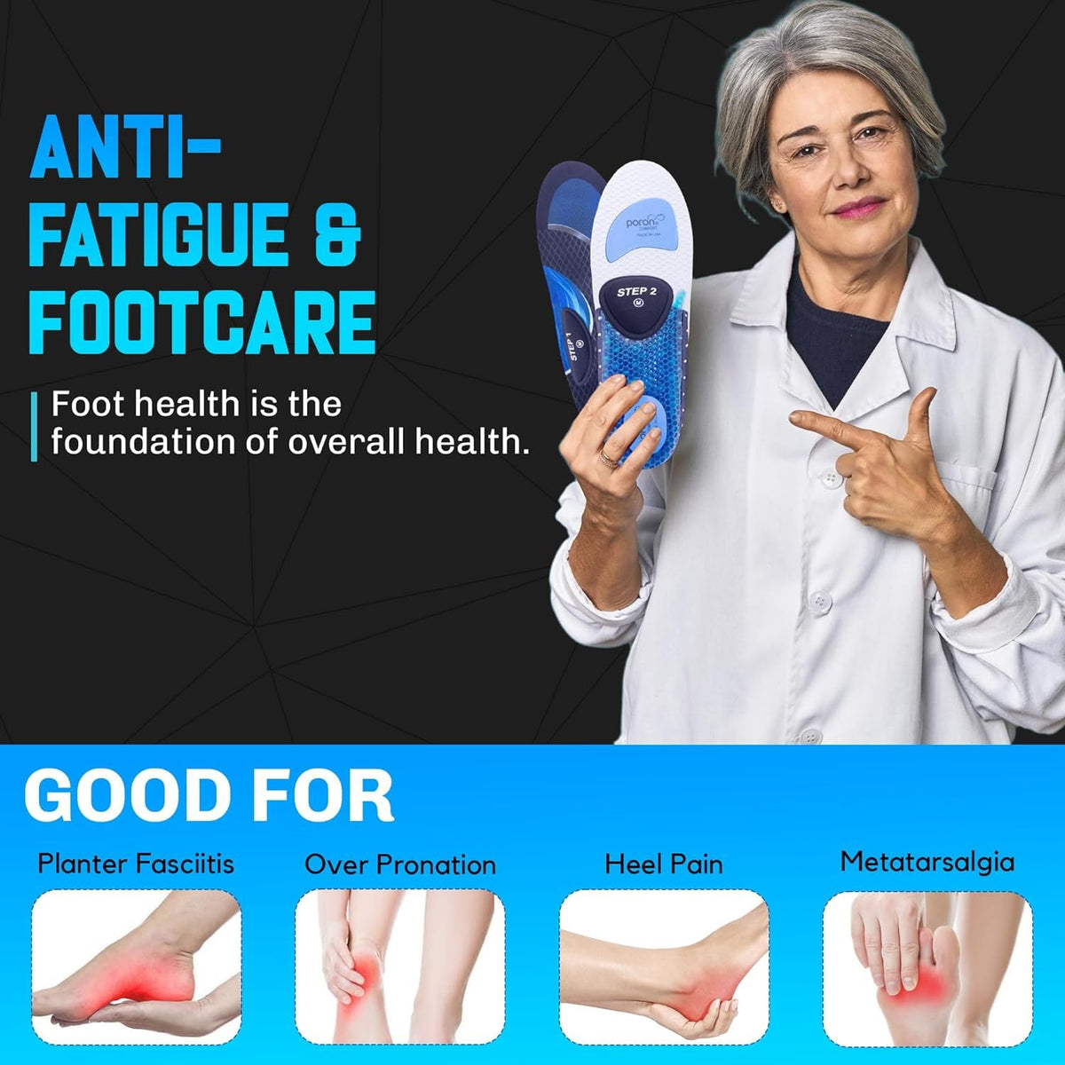 DOCOSS x Poron USA-Made Gel Insoles for Men & Women offer superior comfort with a patented dual-gel design, medial arch support for flat feet, and shock absorption. Ideal for loose shoes, replacement inserts, and everyday foot pain relief.