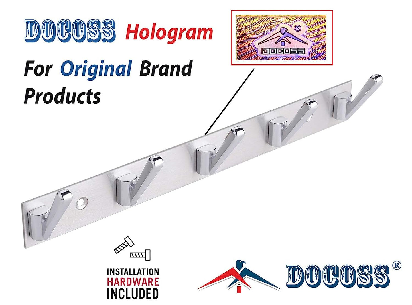 DOCOSS Deluxe Stainless Steel Bathroom Cloth Hooks 5 Pins Hanger Door Wall Bedroom Robe Hooks Rail for Hanging Keys,Clothes,Towel Steel Hook
