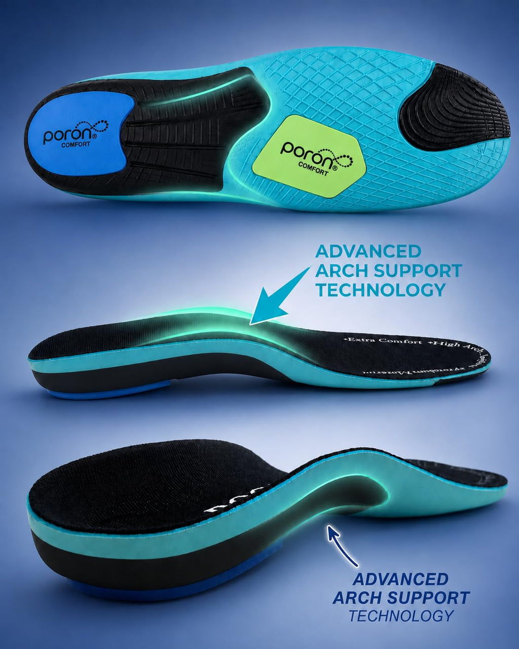 DOCOSS x Poron (USA Make) Rigid High Arch Support Insole for Flat Feet, Shoes insoles for Men & Women with Extra Comfort & Patented Dual Gel Design, Comfortable Insole for Flat Foot