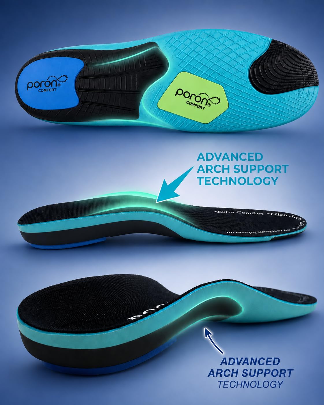 DOCOSS x Poron (USA Make) Rigid High Arch Support Insole for Flat Feet, Shoes insoles for Men & Women with Extra Comfort & Patented Dual Gel Design, Comfortable Insole for Flat Foot