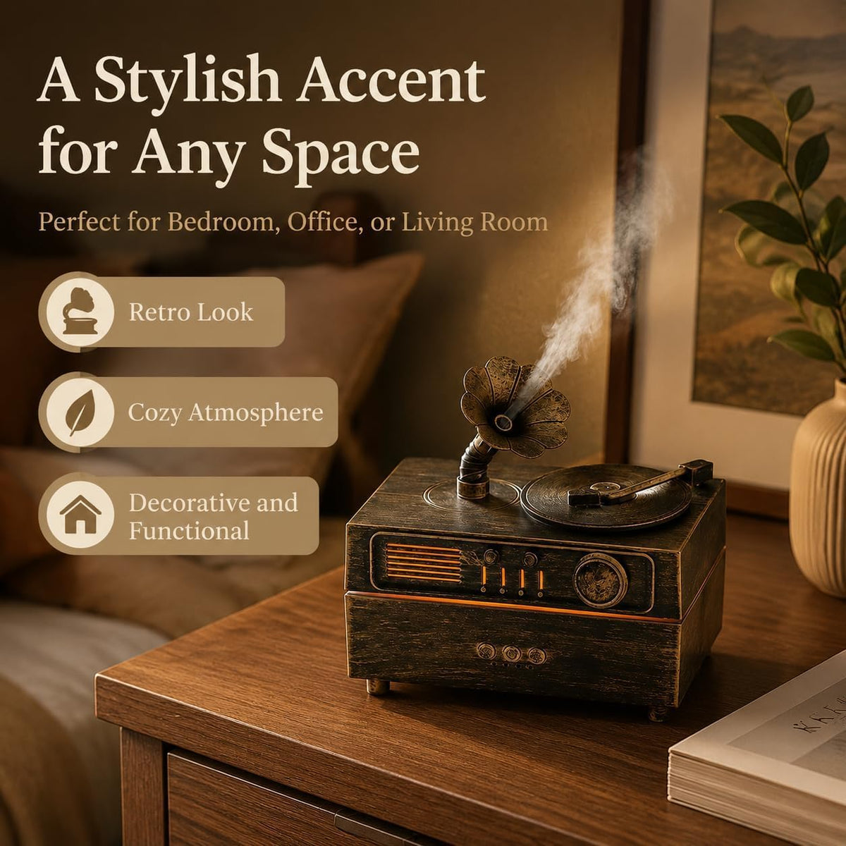 Docoss 2 in 1 Gramophone Aroma Diffuser for Home Electric with Bluetooth Speaker,Essential Oil Diffuser for Home & Bedroom with Remote, 6 LED Light, Retro Design for Home Decor (Antique)