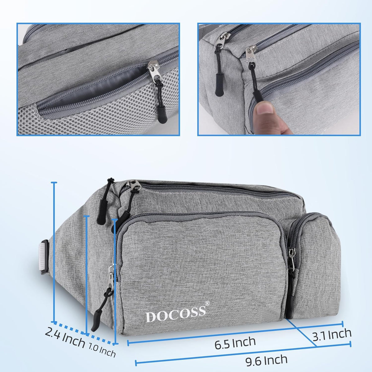 DOCOSS-Fanny Pack for Men,Women,Waterproof Waist Bag,1 RFID Safe Pocket,Premium Stitching & Zippers Travel Side Bag for Men,Women -Belt Bag with Extra Extendable Belt for Travelling