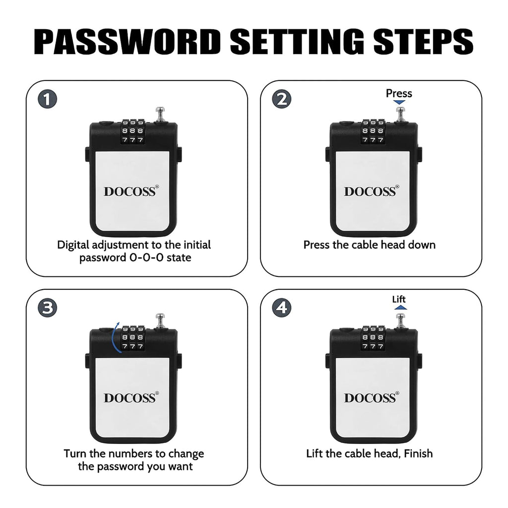 DOCOSS Extendable Cable Password Number Lock for Bike Helmet,Bag,Luggage Locks,Pack of 1, Black