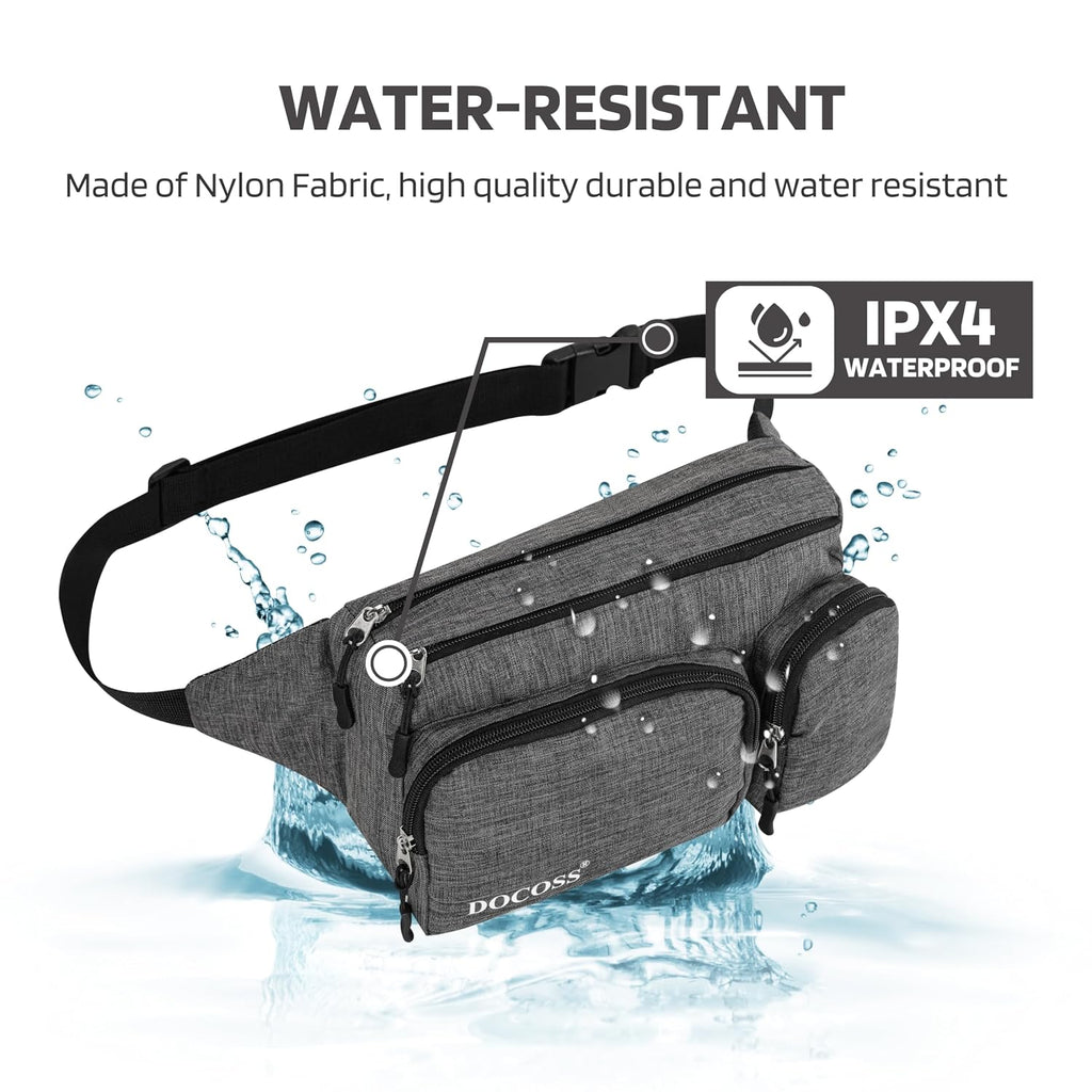 DOCOSS-Fanny Pack for Men,Women,Waterproof Waist Bag,1 RFID Safe Pocket,Premium Stitching & Zippers Travel Side Bag for Men,Women -Belt Bag with Extra Extendable Belt for Travelling