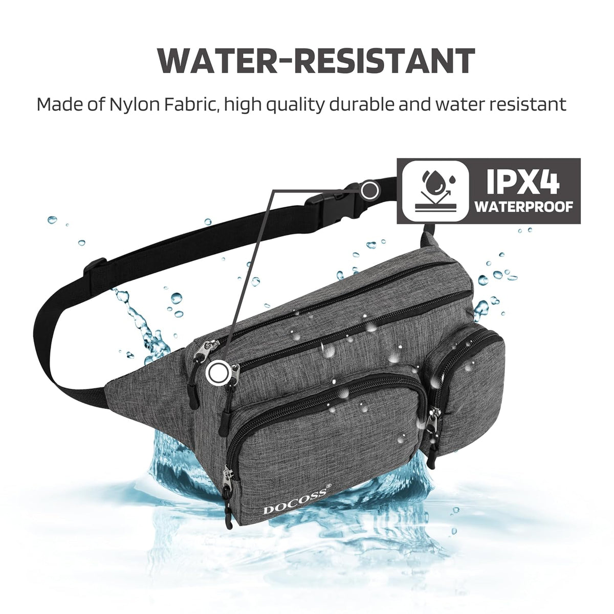 DOCOSS-Fanny Pack for Men,Women,Waterproof Waist Bag,1 RFID Safe Pocket,Premium Stitching & Zippers Travel Side Bag for Men,Women -Belt Bag with Extra Extendable Belt for Travelling