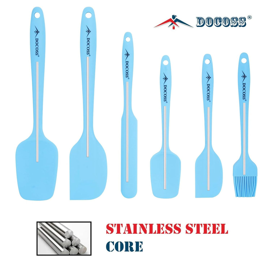 DOCOSS Silicone and Stainless Steel Core Nonstick Spatula Cooking Set for for Kitchen & Baking, Set of 6 - (Light Blue)