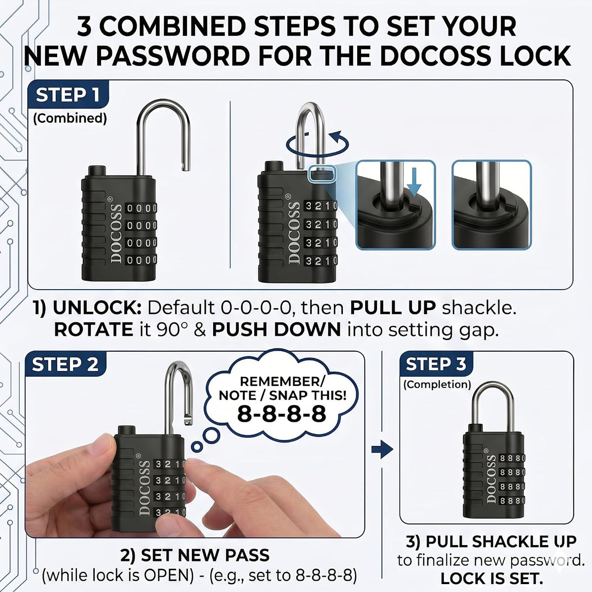 DOCOSS Metal 4 Digit Combination Number Lock for Luggage Bag,Water-Resistant & Hardened Shackle,Pack of 3 (Black,Silver, Blue)