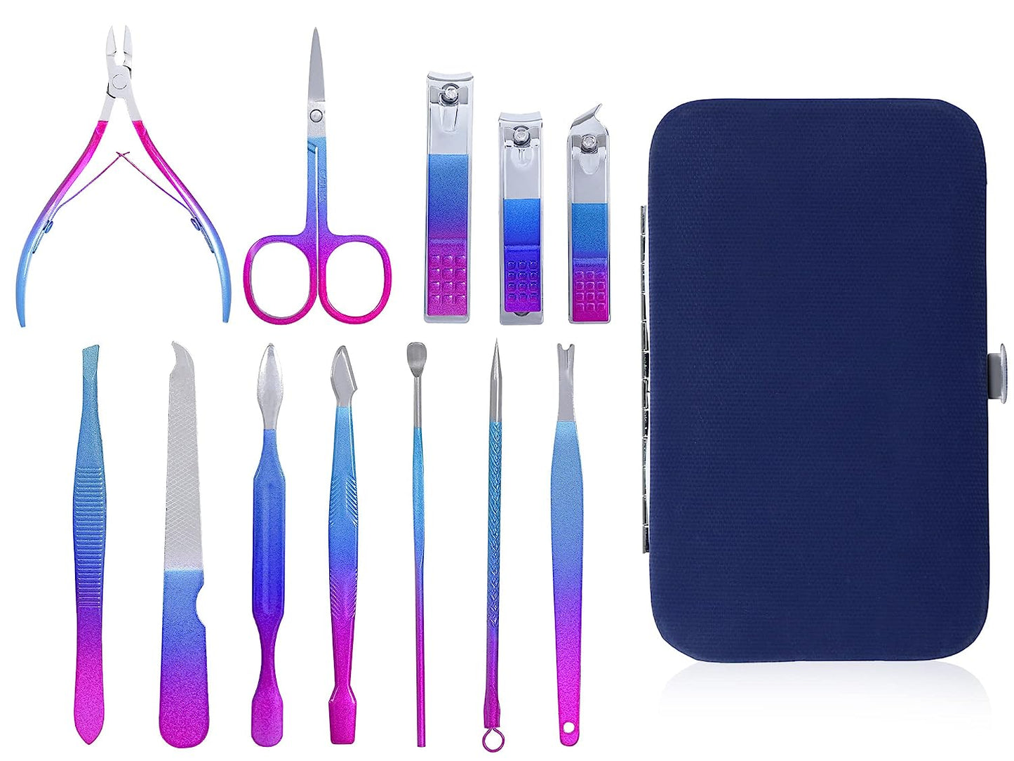 DOCOSS-12 IN 1 Stainless Steel Proffesional Manicure Pedicure Set Nail Cutter ,Scissors Grooming Kit with Peeling Knife, Nail Cleaning Knife, Acne needle, Blackhead Tool With Leather Travel Case