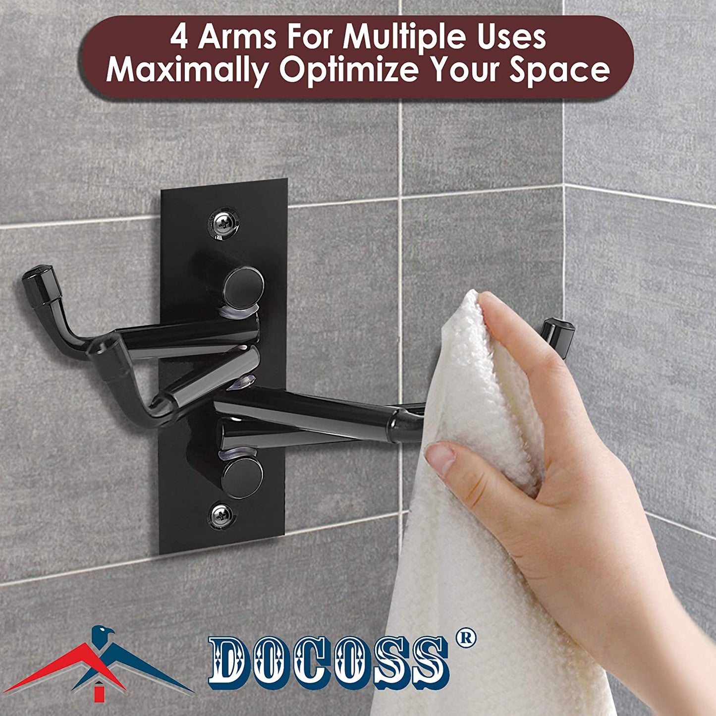 DOCOSS -Pack Of 2-Stainless Steel Flexible 4 Pin Bathroom Hooks Cloth Hanger Wall Hook Door Robe Hooks for Hanging Keys,Clothes,Towel Steel Hook (BLACK)