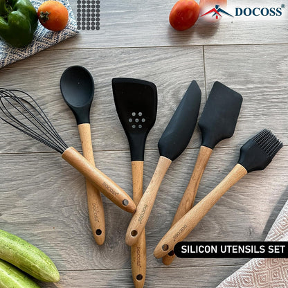 DOCOSS Pack Of 4 Wooden Spatula For Non Stick Pan / Silicone Spatula For Kitchen / Spatula For Cake / Spatulas For Cooking Spoon Set ,Baking Accessories(Black)