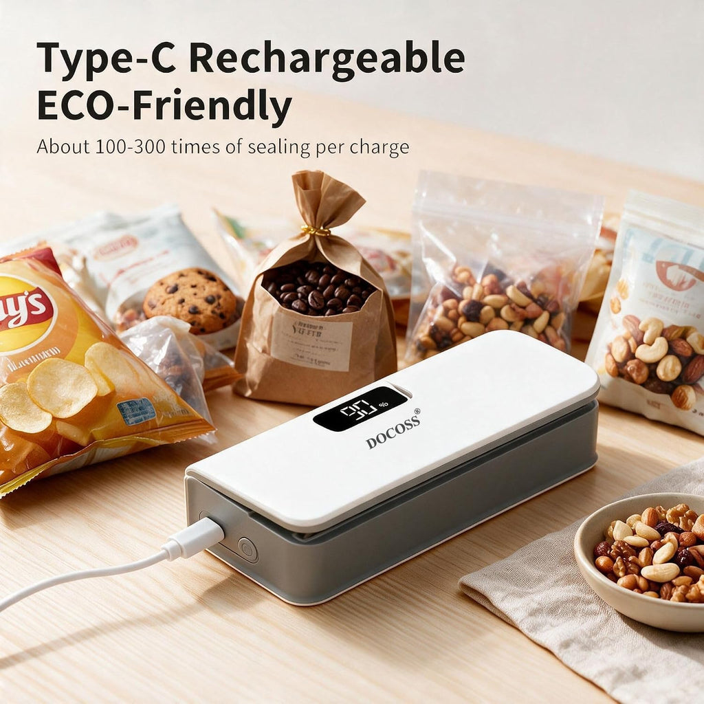 Docoss Rechargeable Mini Bag Sealer with Cutter & Power Display, Magnetic Mini Bag Sealer Fridge for Food Storage with 6 Adjustable modes, Portable Heat Sealing Machine for Kitchen Snacks