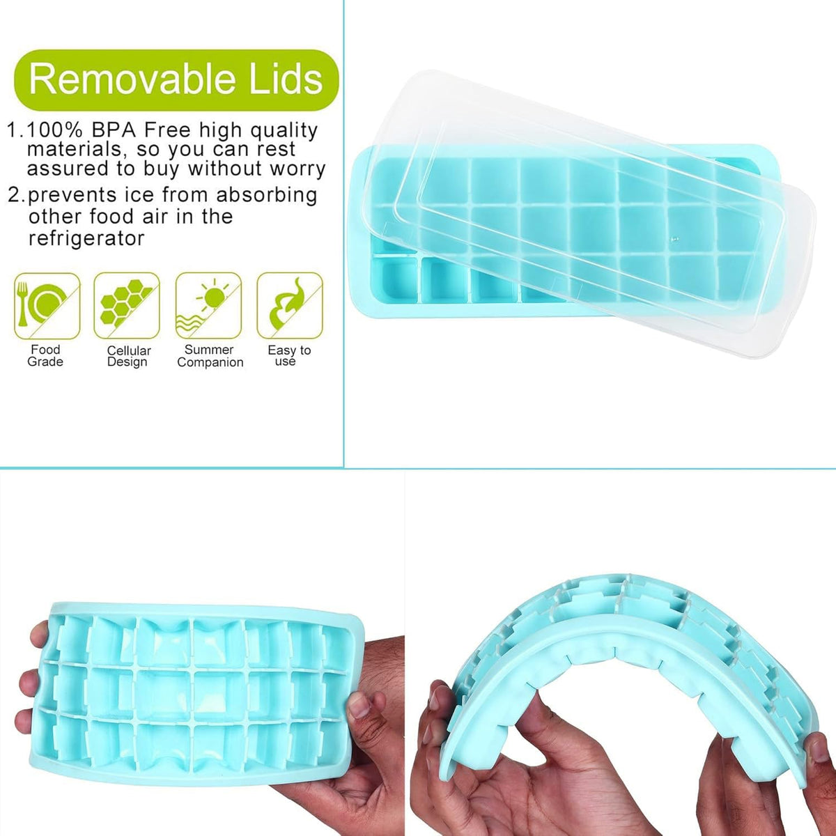 DOCOSS -Big Premium Silicon Ice Cube Maker Trays for Freezer,Food Grade Silicone Ice Cube Tray Box Mould with Lids, Perfect Fridge Thin Ice Tray (Blue)(1 pc)