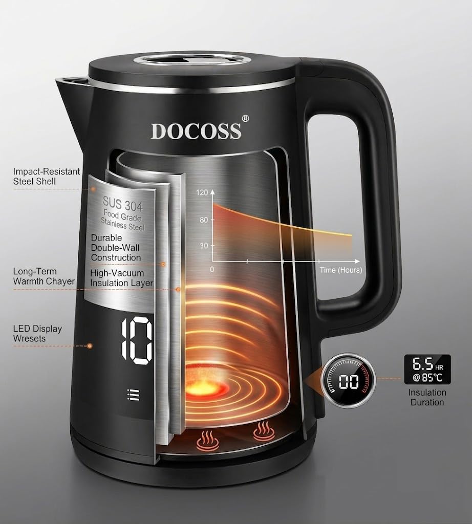DOCOSS Electric Kettle for Hot Water, 1.8L Multipurpose Kettle with 5 Preset Modes & Digital Touch Display, 1800W Hot water Kettle with Auto Shutoff and 360° Swivel Base