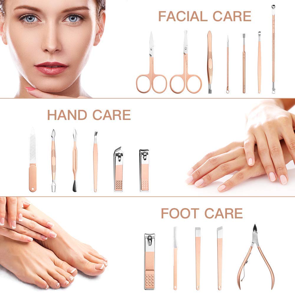DOCOSS-18 IN 1 Stainless Steel Professional Manicure Set Nail Cutter For Women Nail Scissors Grooming Kit Manicure Pedicure Kit For Women Nail Acne Remover needle, Blackhead Tool With Leather Case