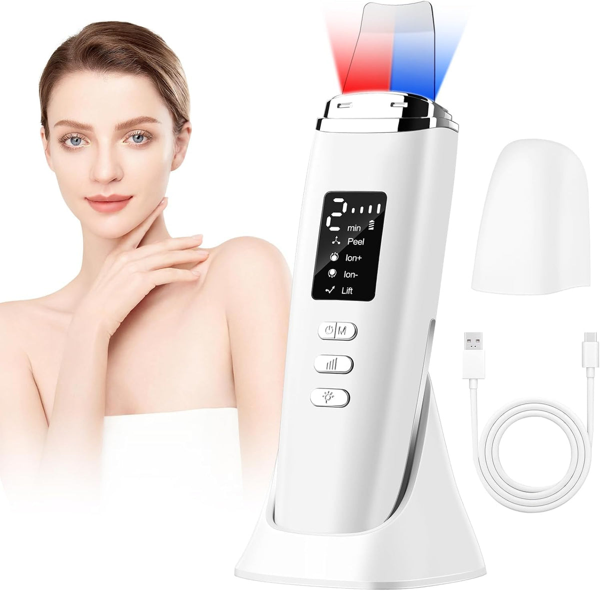 Docoss Facial Skin Scrubber & Ultrasonic Pore Cleaning Machine with 4 Modes, Blackhead Remover with Red Light & Blue Light, Face Cleansing Rechargeable Machine(White)