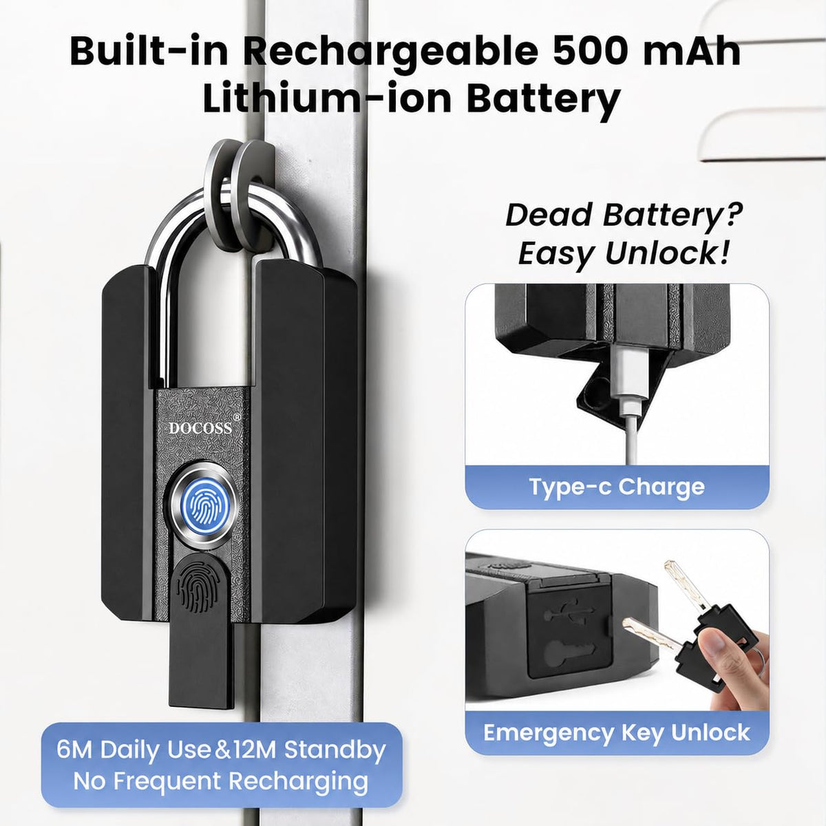 DOCOSS Fingerprint Door Lock, Heavy-Duty Smart Padlock, Fingerprint Lock with 3-Way Unlock (Fingerprint/App/2 Keys),USB Rechargeable, Waterproof Lock for Suitcase,Home, Office, Gym Locker, Gate