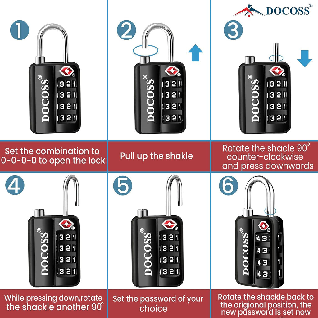 DOCOSS-Set of 2-116 Metal TSA Locks for Luggage, Number Lock for Bag 4 Digit Small Locks for Luggage TSA Lock Combination Password Locks for Travel (Black,Silver)