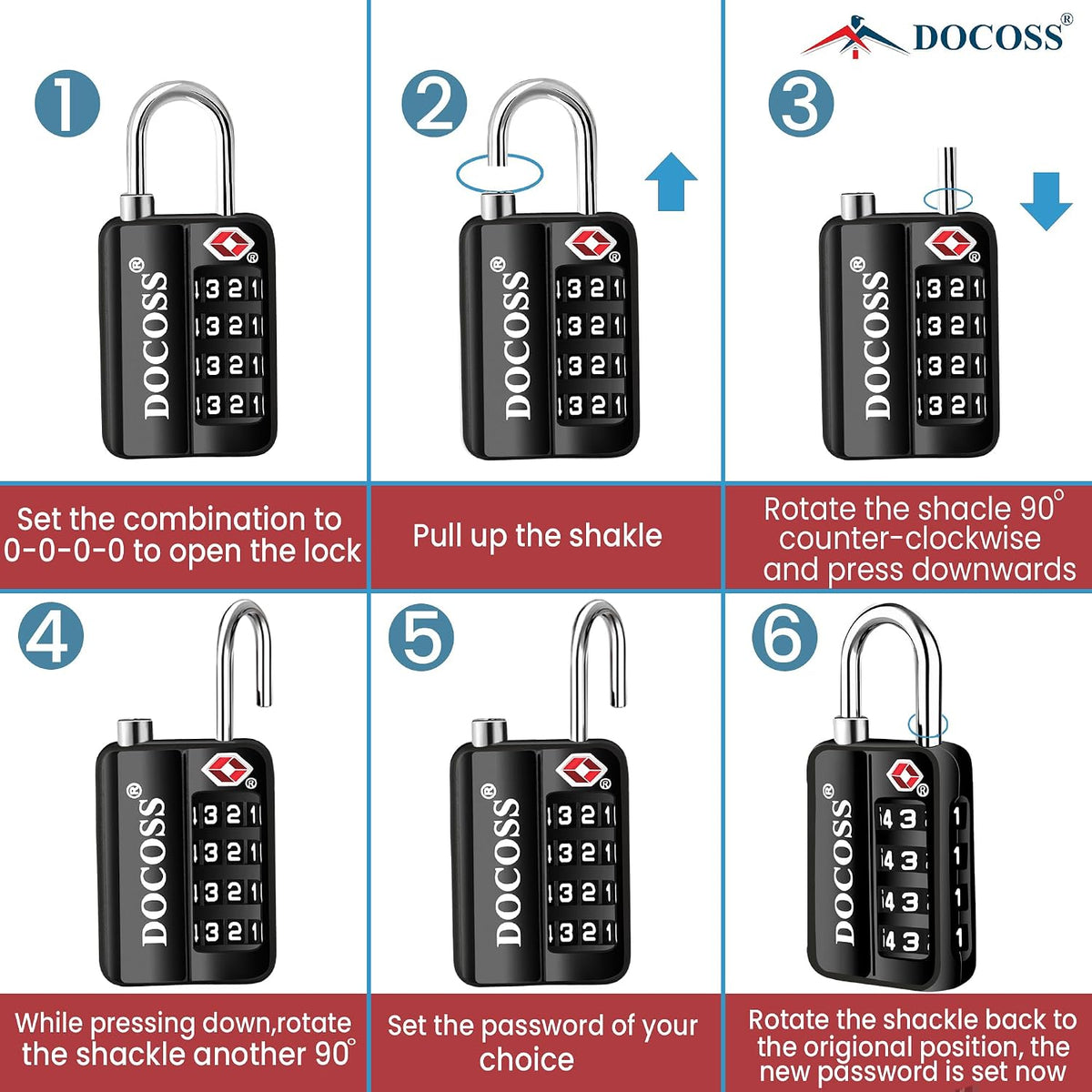 DOCOSS-Set of 2-116 Metal TSA Locks for Luggage, Number Lock for Bag 4 Digit Small Locks for Luggage TSA Lock Combination Password Locks for Travel (Black,Silver)