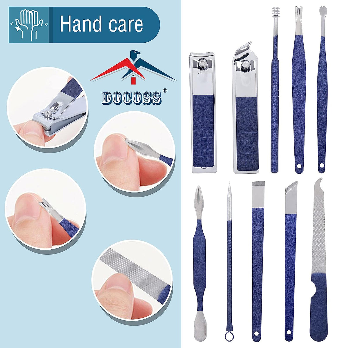DOCOSS-12 IN 1 Manicure Set Pedicure Stainless Steel Proffesional Nail Cutter Nail Scissors Grooming Kit with Peeling Knife, Nail Cleaning Knife, Acne needle, Blackhead Tool With Leather Travel Case