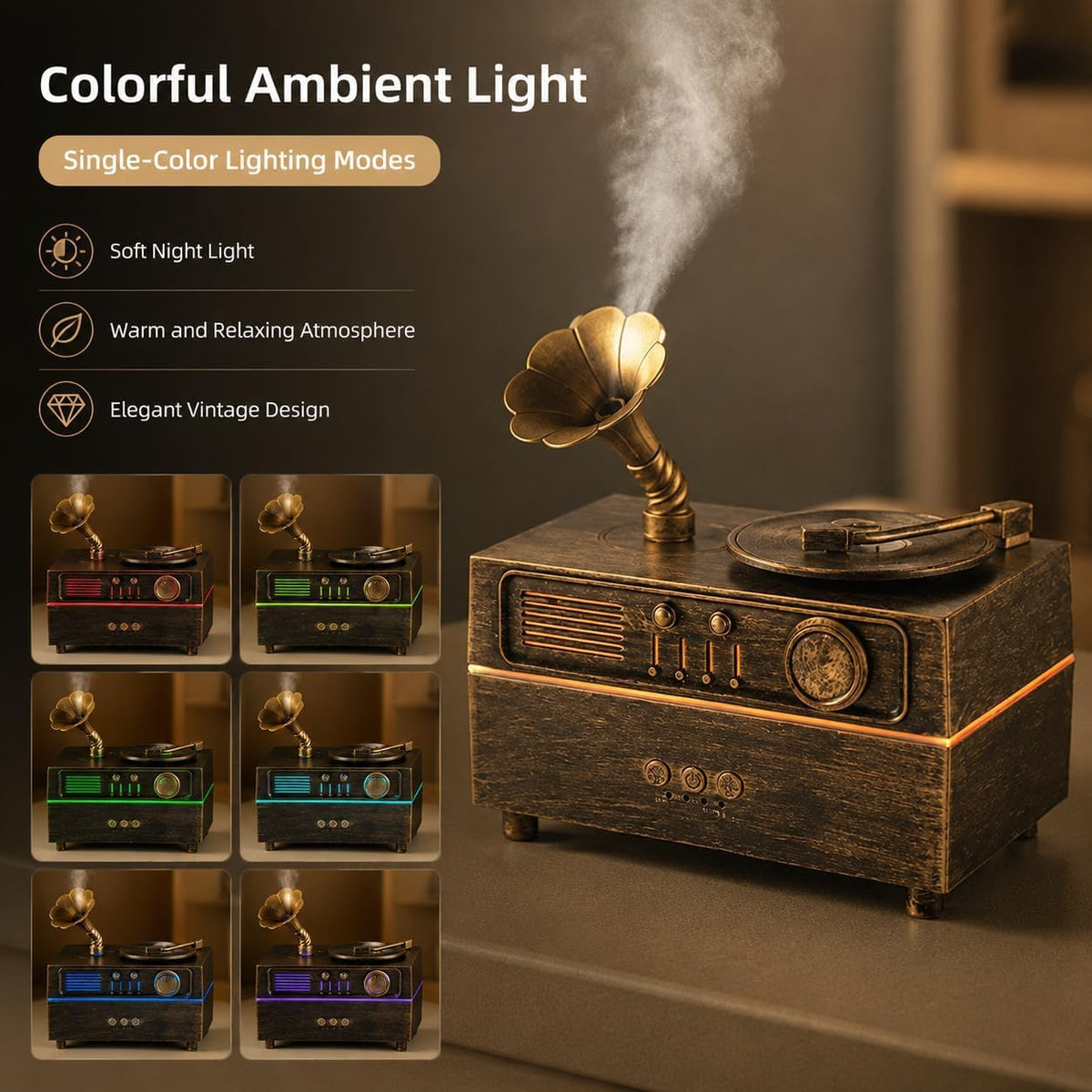 Docoss 2 in 1 Gramophone Aroma Diffuser for Home Electric with Bluetooth Speaker,Essential Oil Diffuser for Home & Bedroom with Remote, 6 LED Light, Retro Design for Home Decor (Antique)