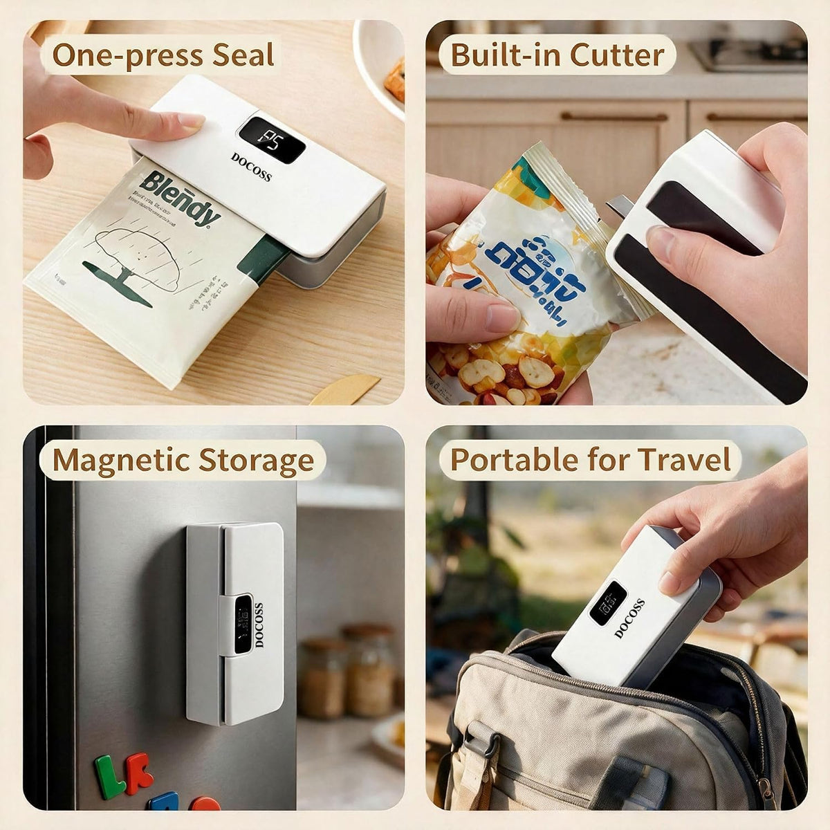 Docoss Rechargeable Mini Bag Sealer with Cutter & Power Display, Magnetic Mini Bag Sealer Fridge for Food Storage with 6 Adjustable modes, Portable Heat Sealing Machine for Kitchen Snacks