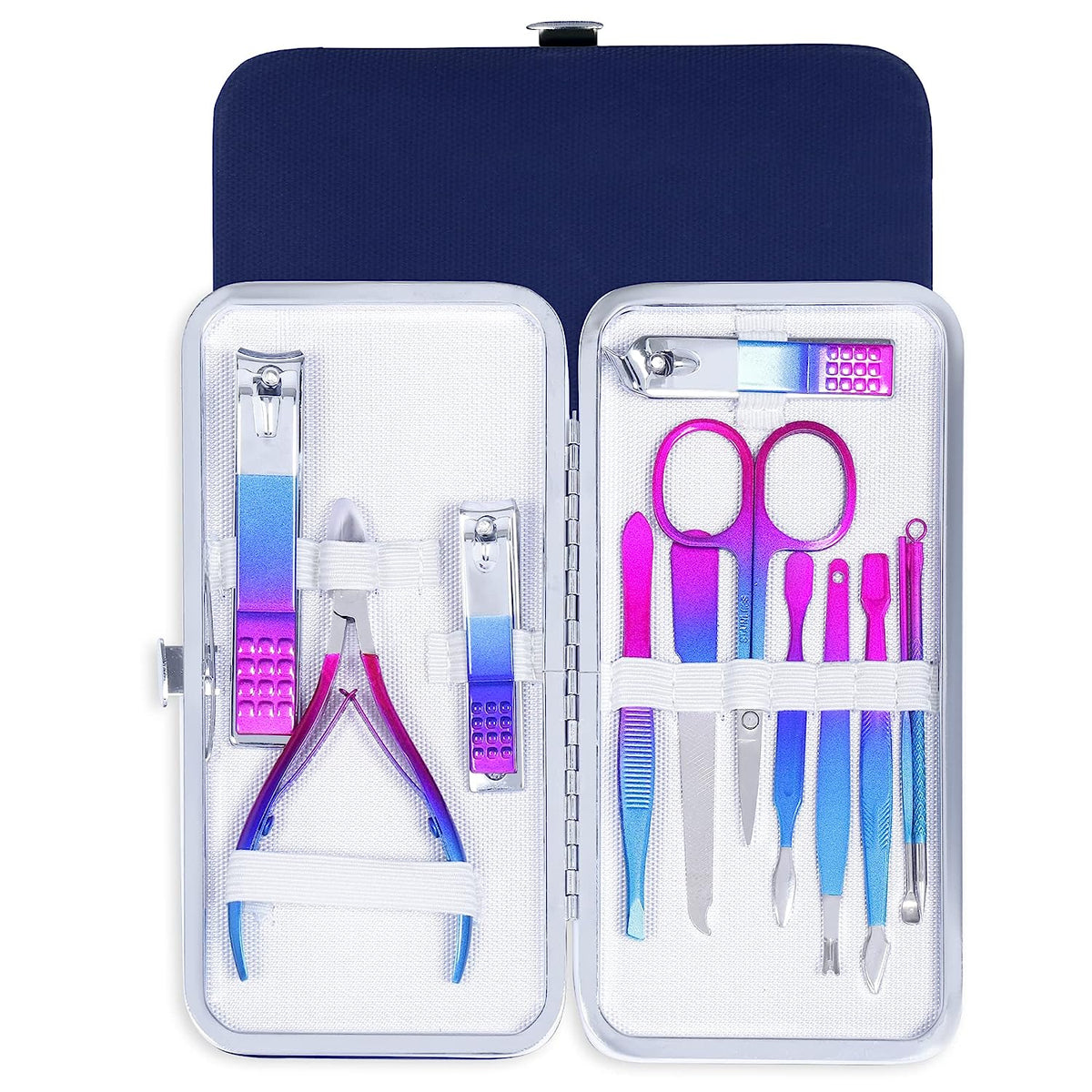 DOCOSS-12 IN 1 Stainless Steel Proffesional Manicure Pedicure Set Nail Cutter ,Scissors Grooming Kit with Peeling Knife, Nail Cleaning Knife, Acne needle, Blackhead Tool With Leather Travel Case