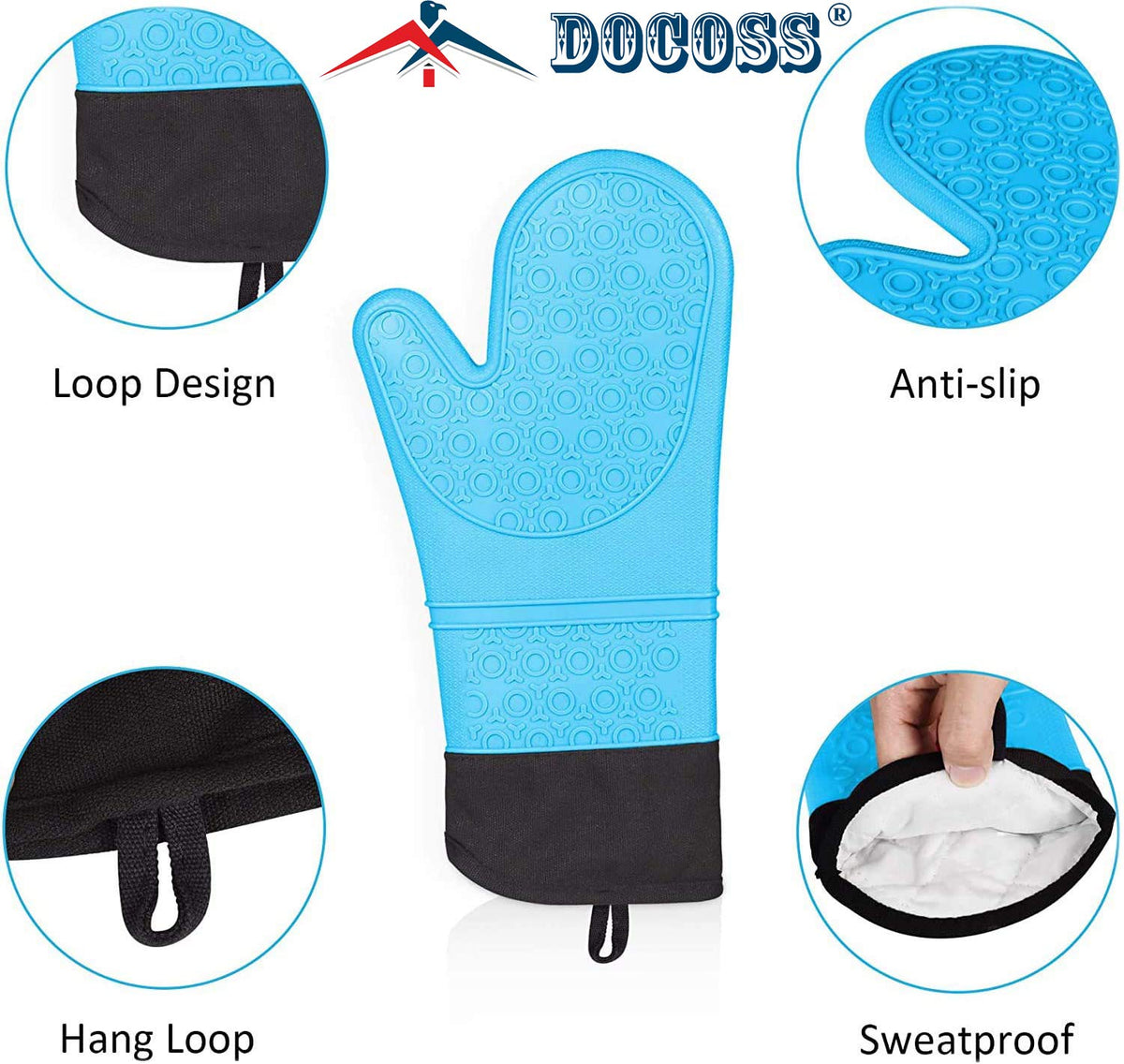 DOCOSS Large Silicone Oven Mitts Cotten Quilted Silicone Heat Proof Kitchen Oven Gloves for Baking 37.3 x 18.3 cms, 2 pc Set, Blue