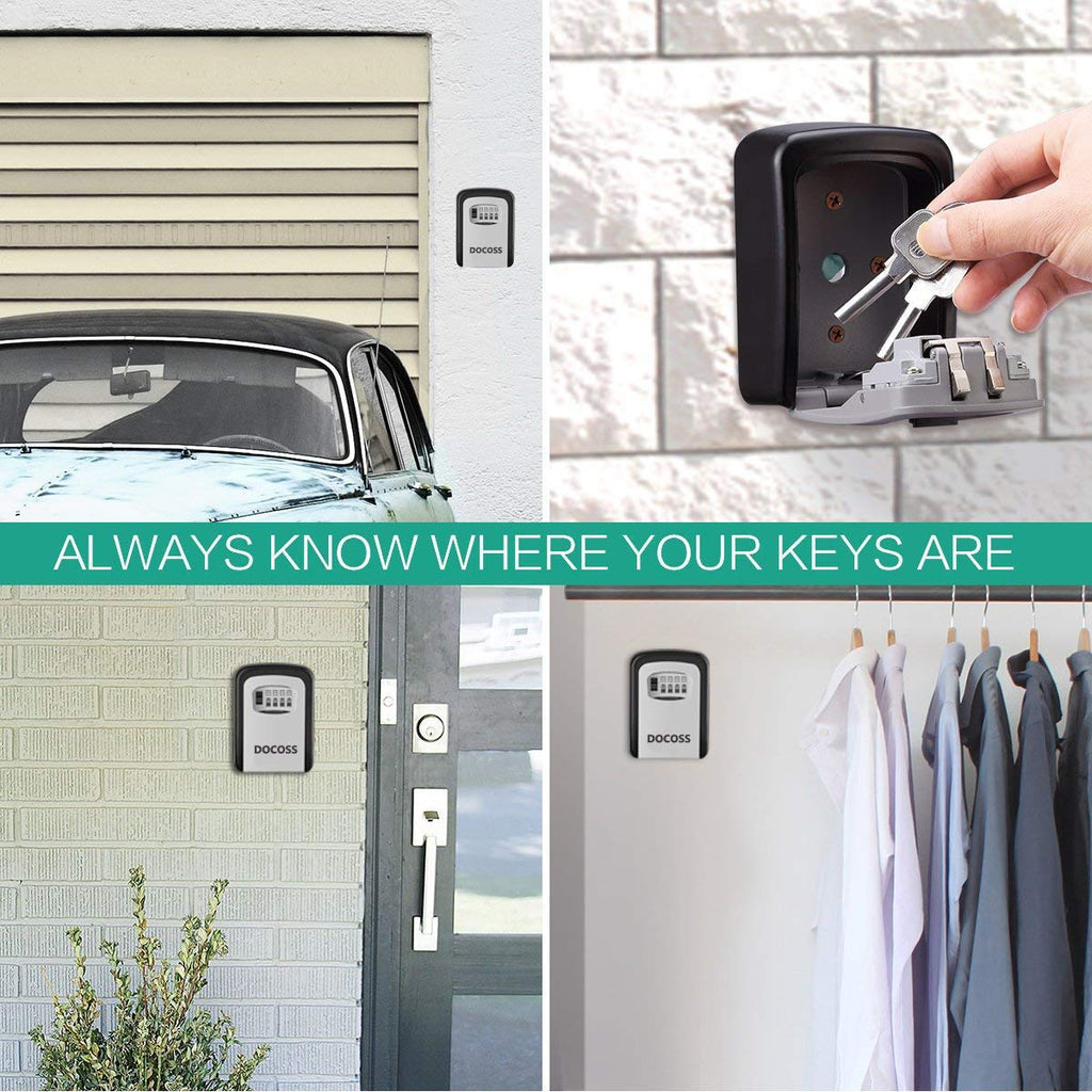 DOCOSS - Metal Key Safe Combination Storage Box Outdoor Wall Mounted with Code Password Security Lock for House Outdoor(Black,Grey)