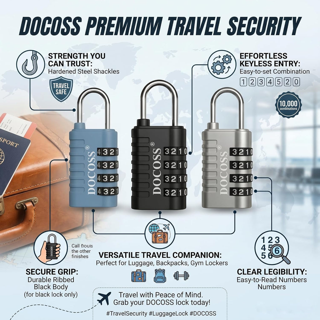 DOCOSS Metal 4 Digit Combination Number Lock for Luggage Bag,Water-Resistant & Hardened Shackle,Pack of 3 (Black,Silver, Blue)