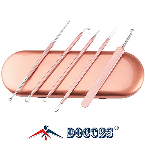 DOCOSS 5 In 1 Stainless Steel Blackhead Remover, Acne & Pimple Removal Acne Needle Tool Set With Metal Case - Rose Gold