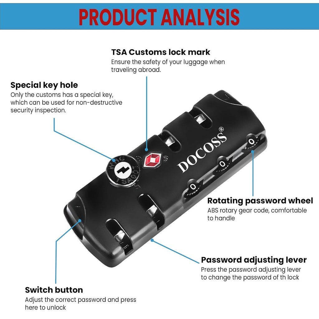 DOCOSS -TSA Locks for Luggage,Suitcase Trolley Bag Lock,4 Chain Zippers Locks,Number Lock for Bag,Combination Lock for Travel (Black)