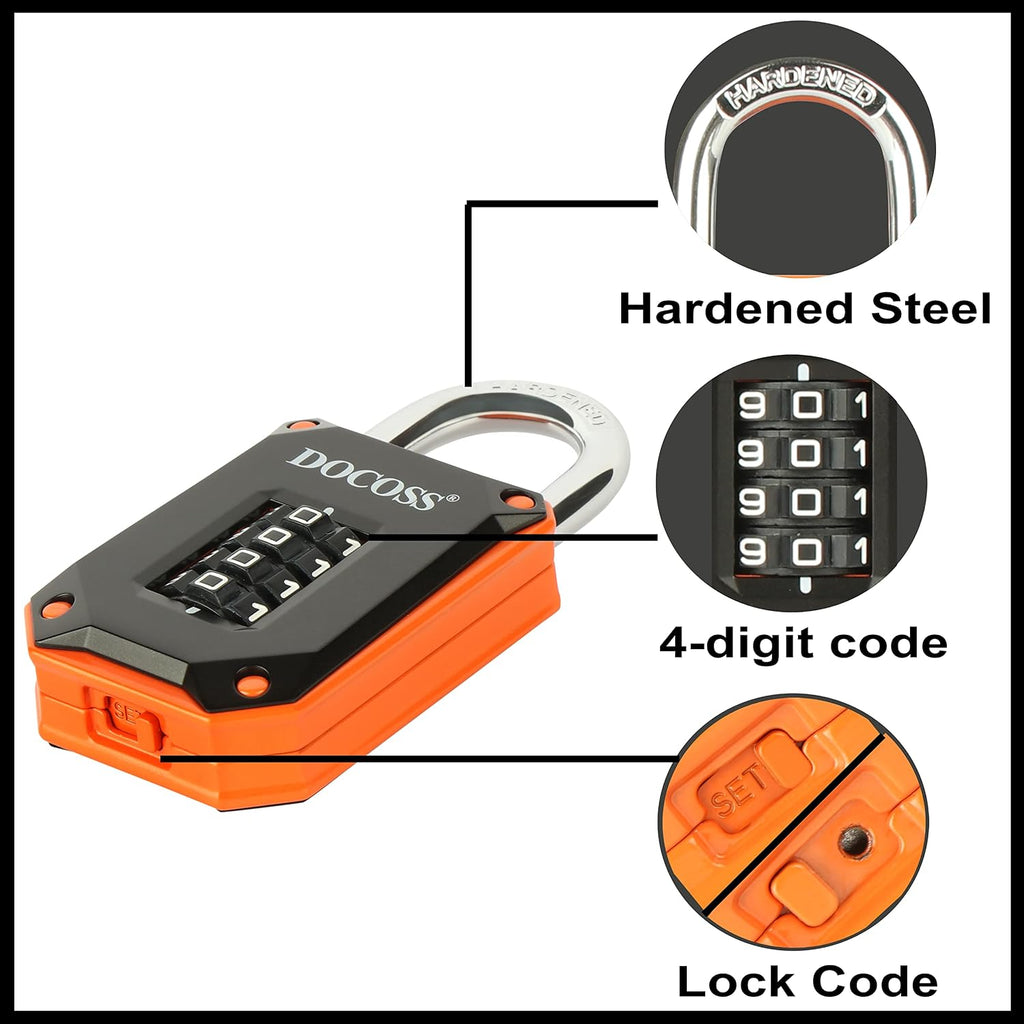 DOCOSS Zinc Strong Number Lock for Door/Combination Padlock, Gate, Gym Locker - Orange Black