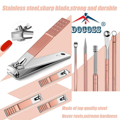 DOCOSS-18 IN 1 Stainless Steel Professional Manicure Set Nail Cutter For Women Nail Scissors Grooming Kit Manicure Pedicure Kit For Women Nail Acne Remover needle, Blackhead Tool With Leather Case
