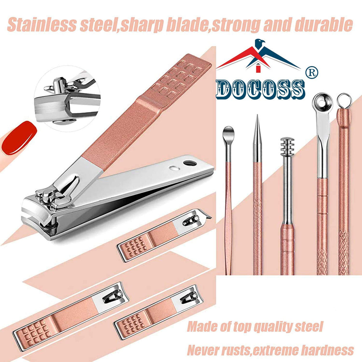 DOCOSS-18 IN 1 Stainless Steel Professional Manicure Set Nail Cutter For Women Nail Scissors Grooming Kit Manicure Pedicure Kit For Women Nail Acne Remover needle, Blackhead Tool With Leather Case