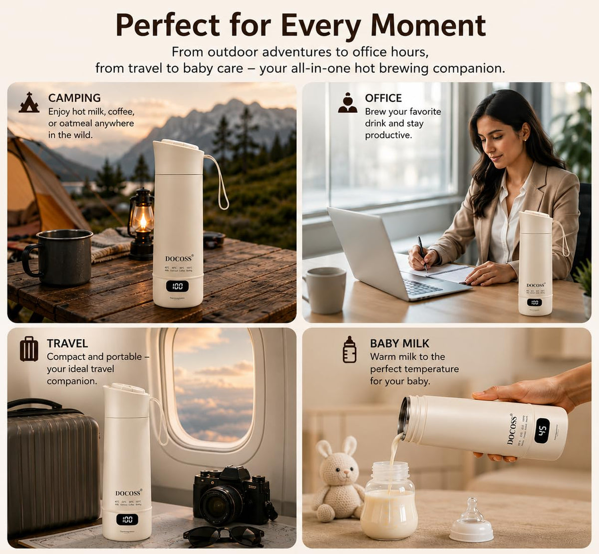 DOCOSS Portable Electric Kettle 400ml | Small Electric Water Bottle with Variable Temperature Control,Digital Display,Stainless Steel| Multipurpose Hot Water Travel Kettle/Baby Milk Warmer