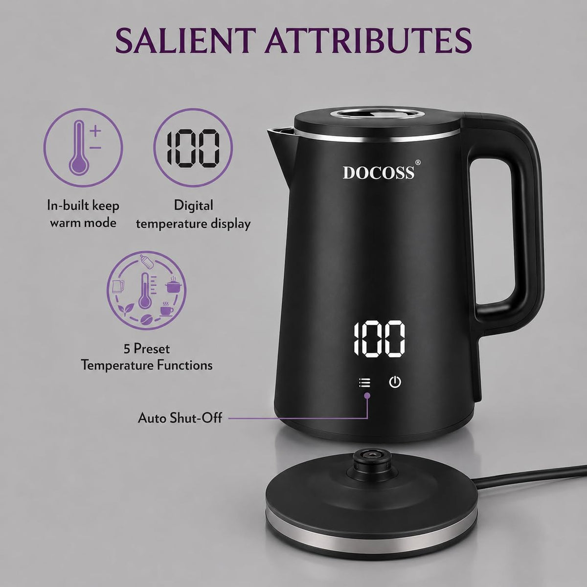 DOCOSS Electric Kettle for Hot Water, 1.8L Multipurpose Kettle with 5 Preset Modes & Digital Touch Display, 1800W Hot water Kettle with Auto Shutoff and 360° Swivel Base