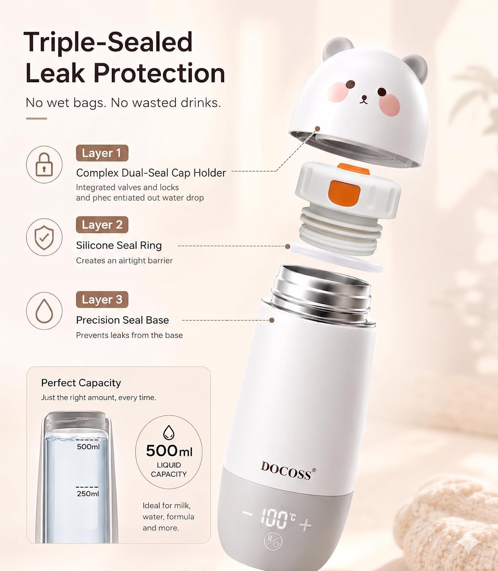 Docoss 2 in 1 -Rechargeable Portable Electric Kettle 500ml for Travel, Milk warmer For Babies,Kettle for Hot Water & Milk From 34°c to 100°c Water Heater,10000 mAh Battery with Temperature control