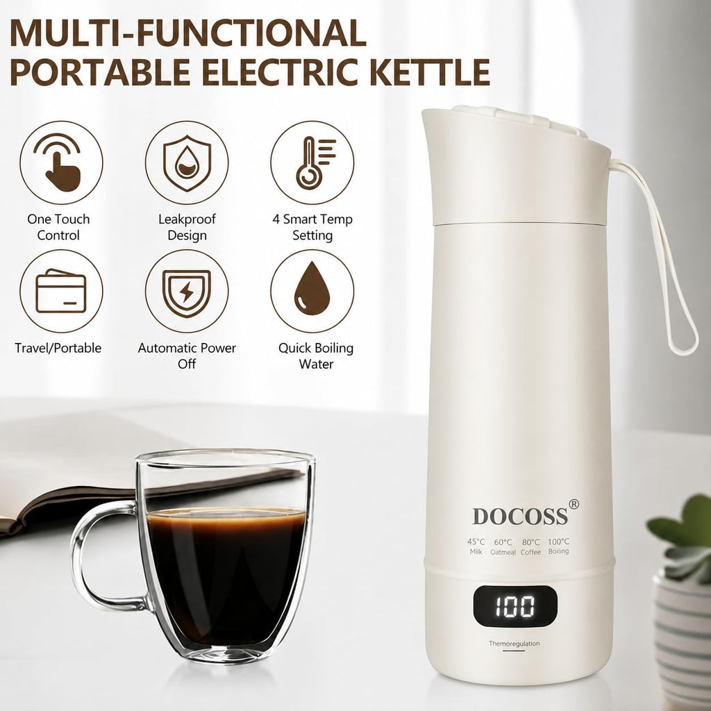 DOCOSS Portable Electric Kettle 400ml | Small Electric Water Bottle with Variable Temperature Control,Digital Display,Stainless Steel| Multipurpose Hot Water Travel Kettle/Baby Milk Warmer