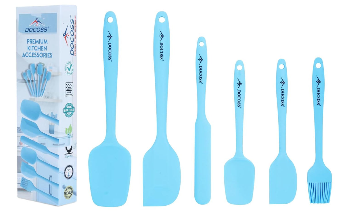 DOCOSS Silicone and Stainless Steel Core Nonstick Spatula Cooking Set for for Kitchen & Baking, Set of 6 - (Light Blue)